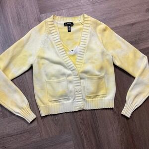 AQUA Tie Dye Cardigan Sweater Top Set Womens XS Yellow White Classic Boho Preppy